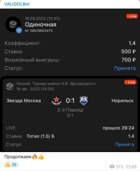 Ставки на спорт. Отзывы о канале VALIDOLBet в телеграме