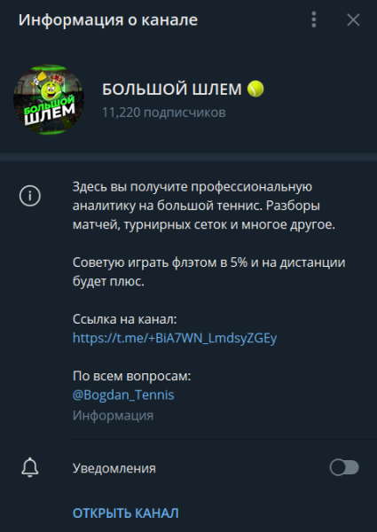 Отзывы о телеграм-канале с прогнозами на теннис «Большой шлем»