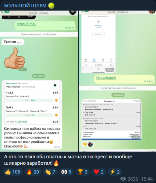 Отзывы о телеграм-канале с прогнозами на теннис «Большой шлем»
