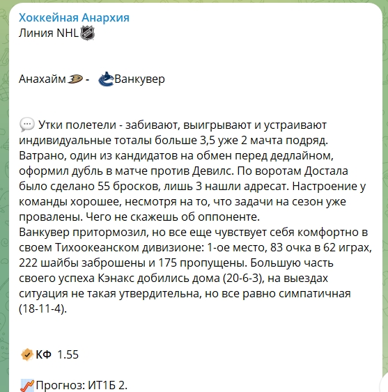 Ставки на хоккей. Отзывы о прогнозах с канала Хоккейная Анархия в телеграме