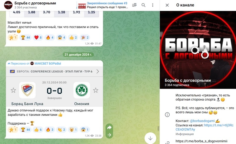 Обзор проекта в Телеграмм «Борьба с договорными», реальная статистика прогнозов каппера borbasdogami, отзывы
